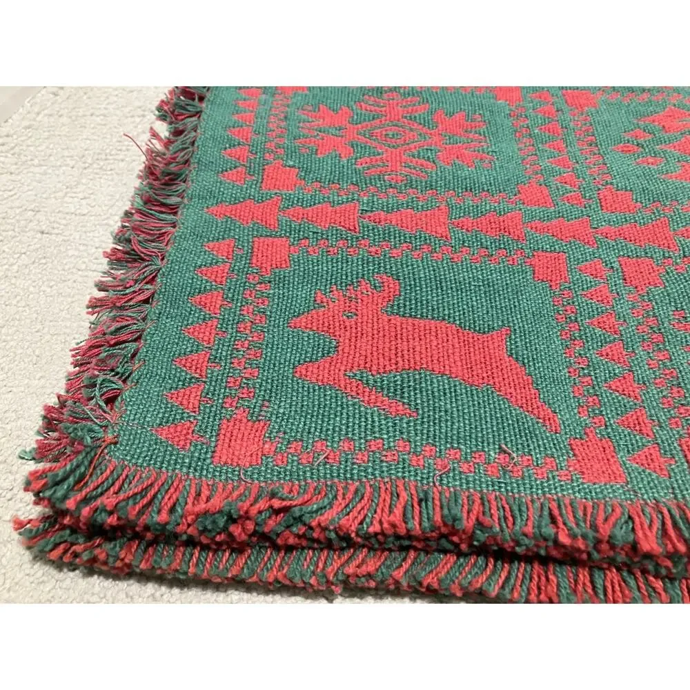 Christmas Tapestry Red Green Woven Table Runner 15x70 Reindeer Snowflake Vintage